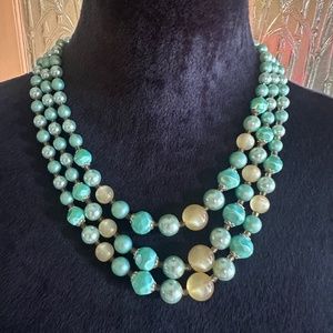Vintage Triple Strand Green Yellow and Gold Beaded Necklace